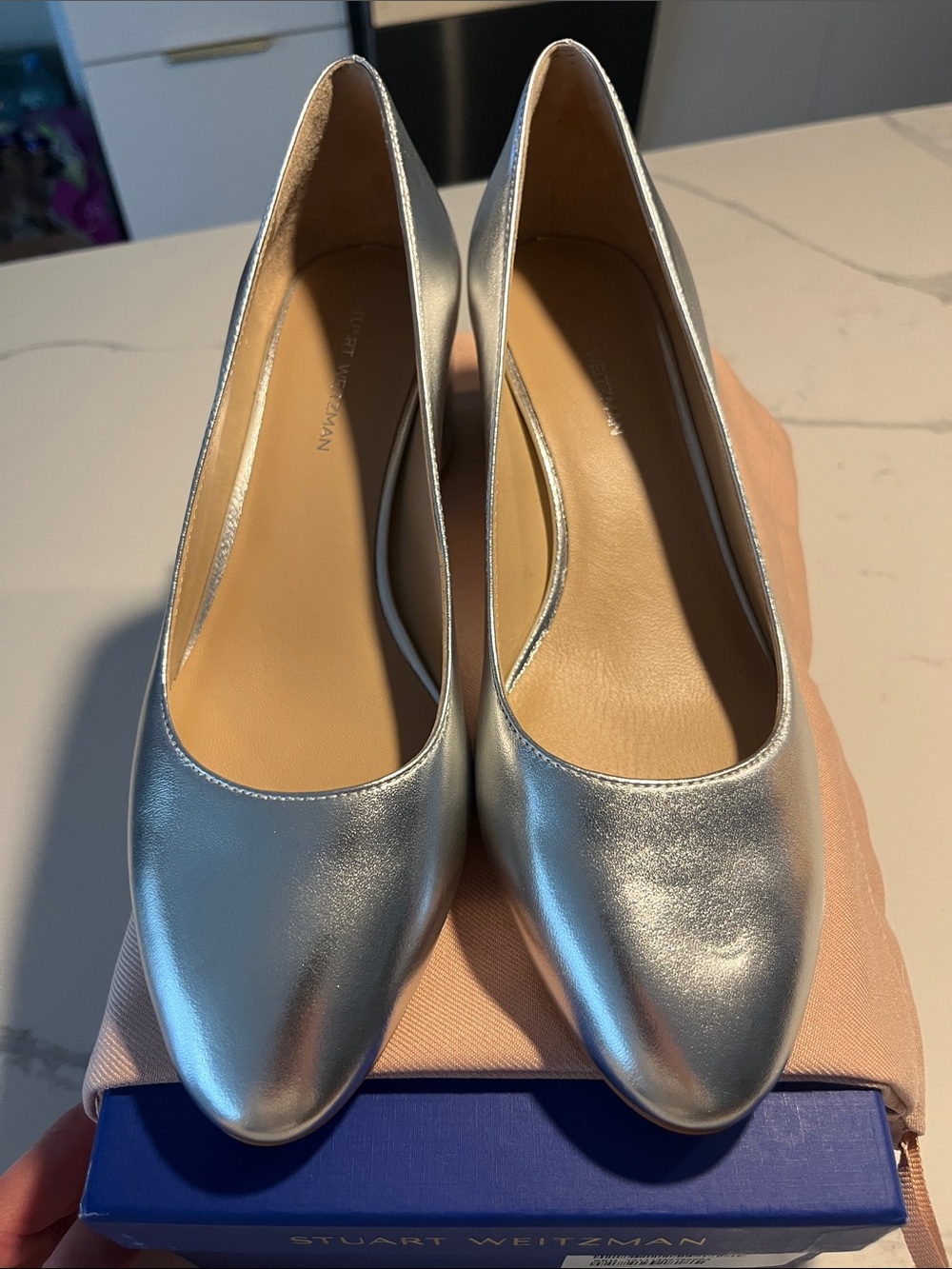 Brand New Stuart Weitzman Metallic Silver Bridget 50 Block Pump - Picture 2 of 7